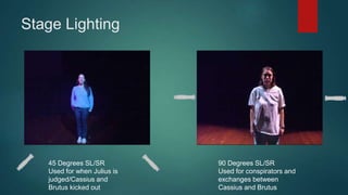 Stage Lighting 
90 Degrees SL/SR 
Used for conspirators and 
exchanges between 
Cassius and Brutus 
45 Degrees SL/SR 
Used for when Julius is 
judged/Cassius and 
Brutus kicked out 
 