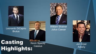 Leonardo DiCaprio 
Brutus 
Casting 
Kevin Spacey 
Highlights: 
Cassius 
William Shatner 
Julius Caesar 
Jon Cryer 
Antony 
 