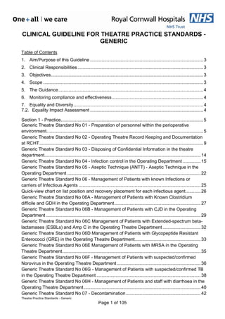 Theatre Practice Standards - Generic
Page 1 of 105
CLINICAL GUIDELINE FOR THEATRE PRACTICE STANDARDS -
GENERIC
Table of Contents
1. Aim/Purpose of this Guideline .........................................................................................3
2. Clinical Responsibilities...................................................................................................3
3. Objectives........................................................................................................................3
4. Scope ..............................................................................................................................3
5. The Guidance..................................................................................................................4
6. Monitoring compliance and effectiveness........................................................................4
7. Equality and Diversity......................................................................................................4
7.2. Equality Impact Assessment .........................................................................................4
Section 1 - Practice................................................................................................................5
Generic Theatre Standard No 01 - Preparation of personnel within the perioperative
environment...........................................................................................................................5
Generic Theatre Standard No 02 - Operating Theatre Record Keeping and Documentation
at RCHT.................................................................................................................................9
Generic Theatre Standard No 03 - Disposing of Confidential Information in the theatre
department...........................................................................................................................14
Generic Theatre Standard No 04 - Infection control in the Operating Department ..............15
Generic Theatre Standard No 05 - Aseptic Technique (ANTT) - Aseptic Technique in the
Operating Department .........................................................................................................22
Generic Theatre Standard No 06 - Management of Patients with known Infections or
carriers of Infectious Agents ................................................................................................25
Quick-view chart on list position and recovery placement for each infectious agent............26
Generic Theatre Standard No 06A - Management of Patients with Known Clostridium
difficile and GDH in the Operating Department....................................................................27
Generic Theatre Standard No 06B - Management of Patients with CJD in the Operating
Department..........................................................................................................................29
Generic Theatre Standard No 06C Management of Patients with Extended-spectrum beta-
lactamases (ESBLs) and Amp C in the Operating Theatre Department ..............................32
Generic Theatre Standard No 06D Management of Patients with Glycopeptide Resistant
Enterococci (GRE) in the Operating Theatre Department....................................................33
Generic Theatre Standard No 06E Management of Patients with MRSA in the Operating
Theatre Department.............................................................................................................35
Generic Theatre Standard No 06F - Management of Patients with suspected/confirmed
Norovirus in the Operating Theatre Department..................................................................36
Generic Theatre Standard No 06G - Management of Patients with suspected/confirmed TB
in the Operating Theatre Department ..................................................................................38
Generic Theatre Standard No 06H - Management of Patients and staff with diarrhoea in the
Operating Theatre Department............................................................................................40
Generic Theatre Standard No 07 - Decontamination...........................................................42
 