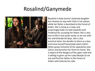 Rosalind/Ganymede
Rosalind is Duke Senior’s beloved daughter
but chooses to stay with Celia in her palace
while her father is banished to the Forest of
Arden. She is living as a Lady, and
surprisingly holds no hate towards Lord
Frederick for usurping her father. She is also
one to fall in love quite easily, as we see with
her and Orlando De Boys. She is also
practical when she decides to dress as a boy
and name herself Ganymede when Celia’s
father grows tiresome of her popularity over
Celia’s and banishes her from his home. She
is aware of the dangers of the open road and
is willing to giver up her Lady lifestyle to set
out and find her father in the Forest of
Arden with Celia by her side.

 