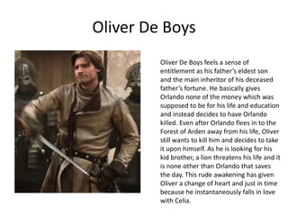 Oliver De Boys
Oliver De Boys feels a sense of
entitlement as his father’s eldest son
and the main inheritor of his deceased
father’s fortune. He basically gives
Orlando none of the money which was
supposed to be for his life and education
and instead decides to have Orlando
killed. Even after Orlando flees in to the
Forest of Arden away from his life, Oliver
still wants to kill him and decides to take
it upon himself. As he is looking for his
kid brother, a lion threatens his life and it
is none other than Orlando that saves
the day. This rude awakening has given
Oliver a change of heart and just in time
because he instantaneously falls in love
with Celia.

 
