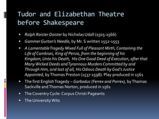 Tudor and Elizabethan Theatre
before Shakespeare
 Ralph Roister Doister by Nicholas Udall (1505-1566)
 Gammer Gurton’s Needle, by Mr. S written 1552-1553
 A Lamentable Tragedy Mixed Full of Pleasant Mirth, Containing the
   Life of Cambises, King of Persia, from the beginning of his
   Kingdom, Unto his Death, His One Good Deed of Execution, after that
   Many Wicked Deeds and Tyrannous Murders Committed by and
   Through Him, and last of all, His Odious Death by God’s Justice
   Appointed, by Thomas Preston (1537-1598). Play produced in 1561
 The first English Tragedy – Gorboduc (Ferrex and Porrex), by Thomas
   Sackville and Thomas Norton, produced in 1561
 The Coventry Cycle: Corpus Christi Pageants
 The University Wits
 