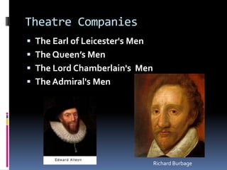 Theatre Companies
 The Earl of Leicester's Men
 The Queen’s Men
 The Lord Chamberlain's Men
 The Admiral's Men




                                Richard Burbage
 