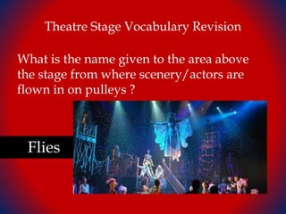Theatre Stage Vocabulary Revision
What is the name given to the area above
the stage from where scenery/actors are
flown in on pulleys ?
Flies
 