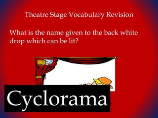 Theatre Stage Vocabulary Revision
What is the name given to the back white
drop which can be lit?
Cyclorama
 