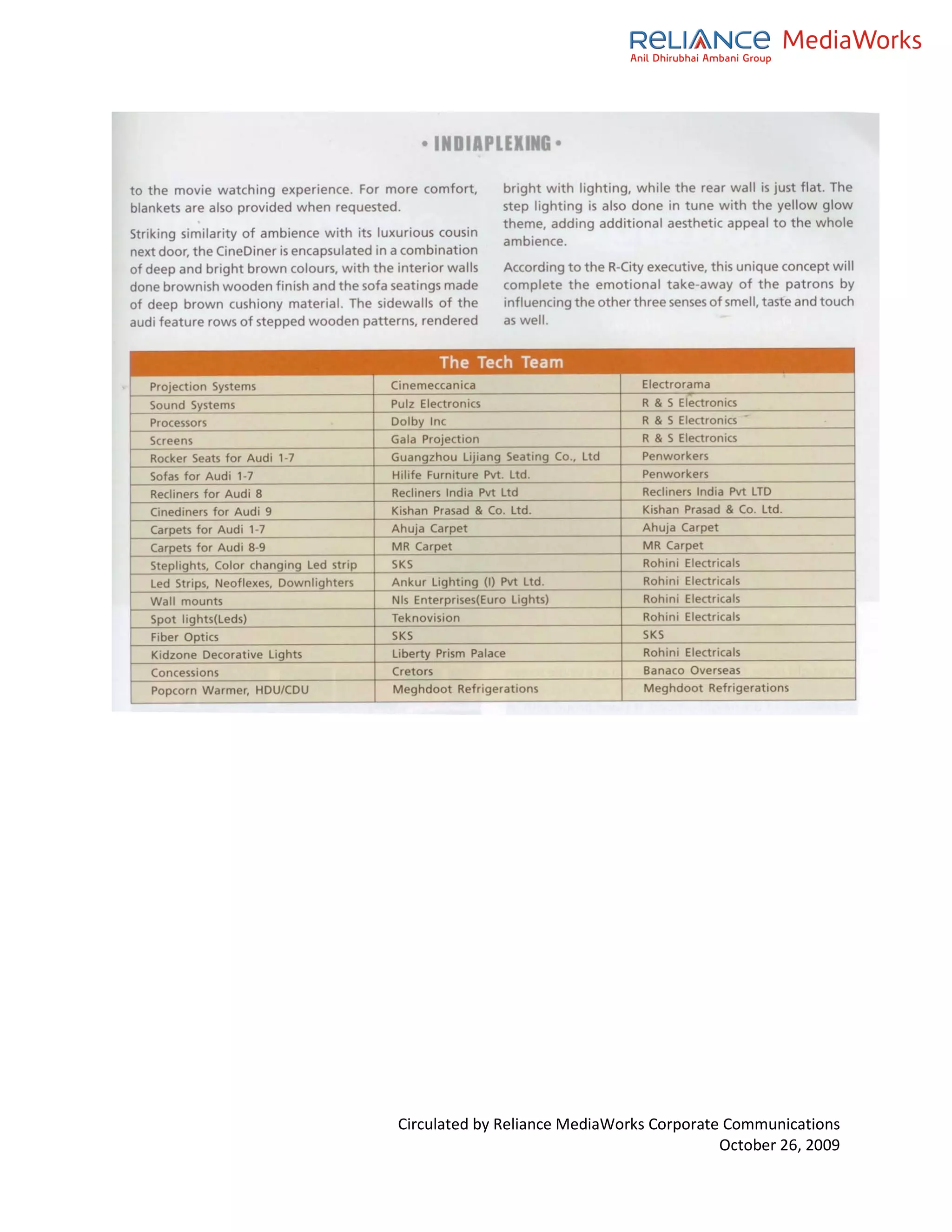 Circulated by Reliance MediaWorks Corporate Communications
                                           October 26, 2009
 
