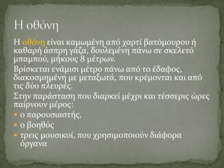 Η οθόνη είναι καμωμένη από χαρτί βατόμουρου ή
καθαρή άσπρη γάζα, δουλεμένη πάνω σε σκελετό
μπαμπού, μήκους 8 μέτρων.
Βρίσκεται ενάμισι μέτρο πάνω από το έδαφος,
διακοσμημένη με μεταξωτά, που κρέμονται και από
τις δύο πλευρές.
Στην παράσταση που διαρκεί μέχρι και τέσσερις ώρες
παίρνουν μέρος:
 ο παρουσιαστής,
 ο βοηθός
 τρεις μουσικοί, που χρησιμοποιούν διάφορα
όργανα
 