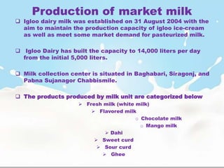 Production of market milk
 Igloo dairy milk was established on 31 August 2004 with the
aim to maintain the production capacity of igloo ice-cream
as well as meet some market demand for pasteurized milk.
 Igloo Dairy has built the capacity to 14,000 liters per day
from the initial 5,000 liters.
 Milk collection center is situated in Baghabari, Siragonj, and
Pabna Sujanagor Chabbismile.
 The products produced by milk unit are categorized below
 Fresh milk (white milk)
 Flavored milk
o Chocolate milk
o Mango milk
 Dahi
 Sweet curd
 Sour curd
 Ghee
 