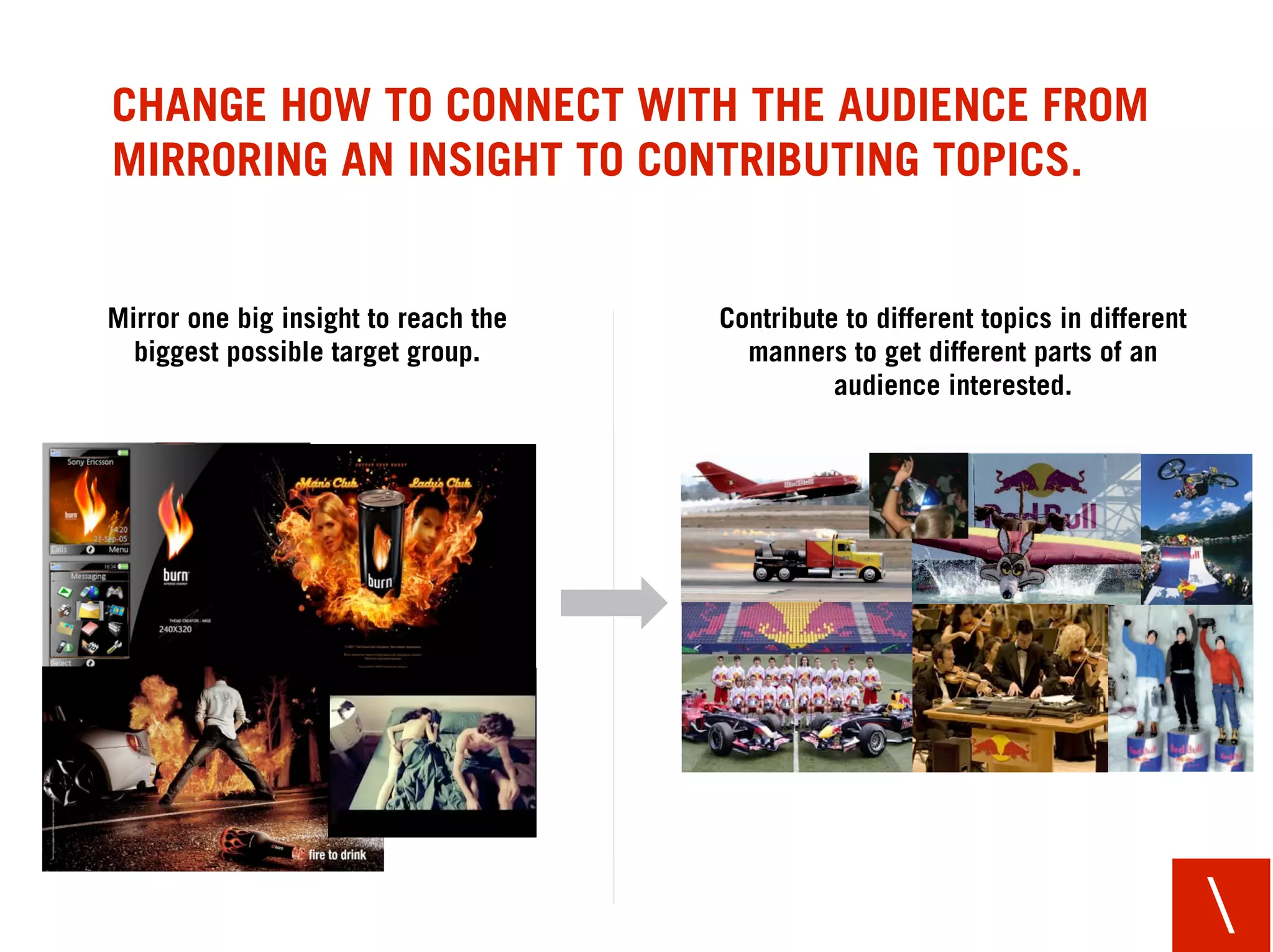 CHANGE THE COMMUNICATION APPROACH
FROM 360° TO 365 DAYS.


Time limited, integrated messaging       Permanent and rich brand presence by
  telling the same story on every           making transmedia storytelling.
            touch-point.

                                                     OUT-
       T
       V          PRINT                                          WEB           POS
                                                     DOOR



OUT-                                                    SOCIAL
                          POS                                             PR
DOOR                                                    MEDIA
                                     T
                                     V


       WEB         PR                               T
                                                    V             EVENT




                                                                                     
 