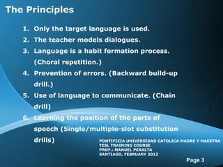 The Principles Only the target language is used. The teacher models dialogues. Language is a habit formation process. (Choral repetition.) Prevention of errors. (Backward build-up drill.) Use of language to communicate. (Chain drill) Learning the position of the parts of speech (Single/multiple-slot substitution drills) PONTIFICIA UNIVERSIDAD CATOLICA MADRE Y MAESTRA TESL TRAINING COURSE PROF.: MANUEL PERALTA SANTIAGO, FEBRUARY 2012