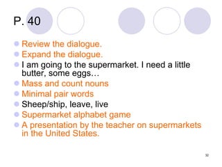 32
P. 40
Review the dialogue.
Expand the dialogue.
I am going to the supermarket. I need a little
butter, some eggs…
Mass and count nouns
Minimal pair words
Sheep/ship, leave, live
Supermarket alphabet game
A presentation by the teacher on supermarkets
in the United States.
 