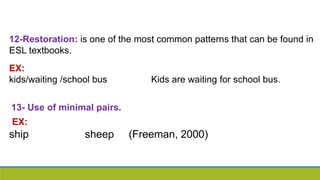 12-Restoration: is one of the most common patterns that can be found in
ESL textbooks.
EX:
kids/waiting /school bus Kids are waiting for school bus.
13- Use of minimal pairs.
EX:
ship sheep (Freeman, 2000)
 