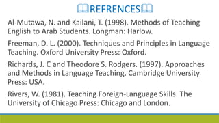 REFRENCES
Al-Mutawa, N. and Kailani, T. (1998). Methods of Teaching
English to Arab Students. Longman: Harlow.
Freeman, D. L. (2000). Techniques and Principles in Language
Teaching. Oxford University Press: Oxford.
Richards, J. C and Theodore S. Rodgers. (1997). Approaches
and Methods in Language Teaching. Cambridge University
Press: USA.
Rivers, W. (1981). Teaching Foreign-Language Skills. The
University of Chicago Press: Chicago and London.
 