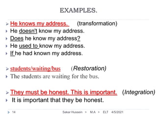 EXAMPLES.
4/5/2021
Sakar Hussein > M.A > ELT
14
 He knows my address. (transformation)
 He doesn't know my address.
 Does he know my address?
 He used to know my address.
 If he had known my address.
 students/waiting/bus (Restoration)
 The students are waiting for the bus.
 They must be honest. This is important. (Integration)
 It is important that they be honest.
 