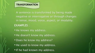 A sentence is transformed by being made
negative or interrogative or through changes
in tense, mood, voice, aspect, or modality.
EXAMPLES :
• He knows my address.
• He doesn't know my address.
• Does he know my address?
• He used to know my address.
• If he had known my address.
TRANSFORMATION
 