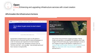 ARDIAN| FABERNOVEL
APIs broaden the infrastructure horizons
Amsterdam’s Schiphol Airport opens its API platform
offering access to business data for external developers in
order to improve user experience for both Schiphol
customers and their own. Navigation services such as
TomTom and FLIO - one-stop app - have already expressed
their interest in Schiphol APIs.
One of the most prominent imagery providers, Planet,
builds and operates a constellation of satellites which take
images of the earth every day. It gives developers access to
this imagery through its API platform. Applications to
measure agricultural yields, monitore natural resources, or
help first responders after natural disasters could be
derived from it.
Open
[Case] Enhancing and upgrading infrastructure services with crowd creation
-
 