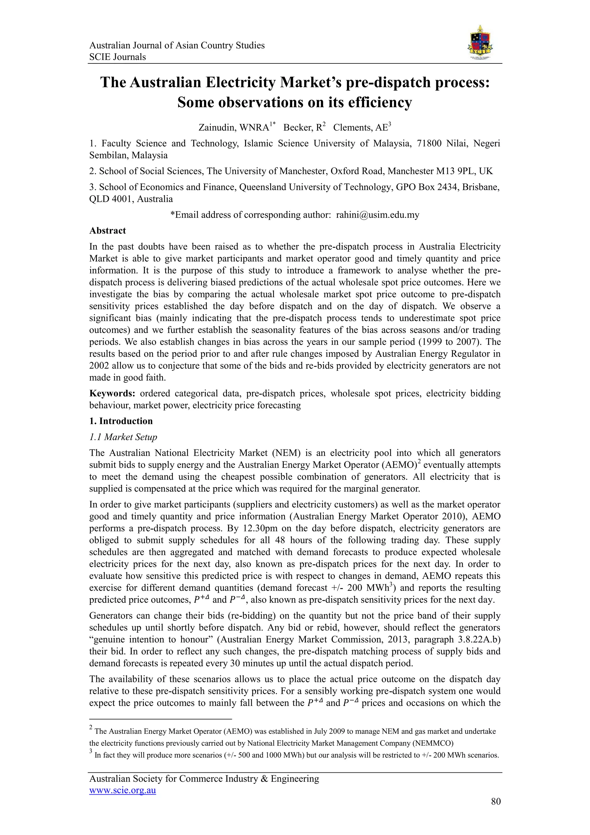 The australian electricity market's pre dispatch process some ...