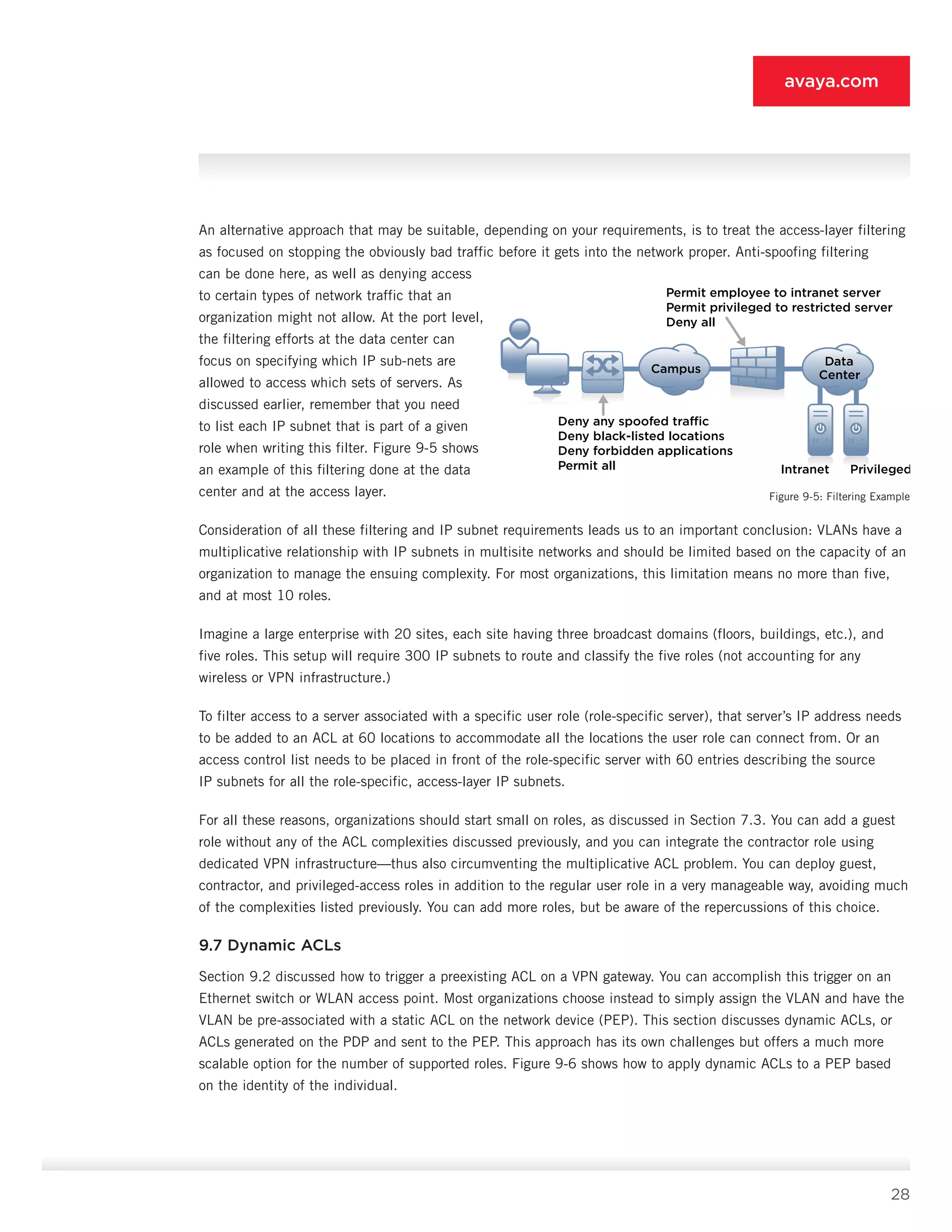 28
avaya.com
An alternative approach that may be suitable, depend­ing on your requirements, is to treat the access-layer filtering
as focused on stopping the obviously bad traf­fic before it gets into the network proper. Anti-spoofing filtering
can be done here, as well as denying access
to certain types of network traffic that an
organization might not allow. At the port level,
the filtering efforts at the data center can
focus on specifying which IP sub-nets are
allowed to access which sets of servers. As
discussed earlier, remember that you need
to list each IP subnet that is part of a given
role when writing this filter. Figure 9-5 shows
an example of this filtering done at the data
center and at the access layer.
Consideration of all these filtering and IP subnet requirements leads us to an important conclusion: VLANs have a
multiplicative relationship with IP subnets in multisite networks and should be limited based on the capacity of an
organization to manage the ensu­ing complexity. For most organizations, this limitation means no more than five,
and at most 10 roles.
Imagine a large enterprise with 20 sites, each site having three broadcast domains (floors, buildings, etc.), and
five roles. This setup will require 300 IP subnets to route and classify the five roles (not accounting for any
wireless or VPN infrastructure.)
To filter access to a server associated with a specific user role (role-specific server), that server’s IP address needs
to be added to an ACL at 60 locations to accommodate all the locations the user role can con­nect from. Or an
access control list needs to be placed in front of the role-specific server with 60 entries de­scribing the source
IP subnets for all the role-specific, access-layer IP subnets.
For all these reasons, organizations should start small on roles, as discussed in Section 7.3. You can add a guest
role without any of the ACL complexities dis­cussed previously, and you can integrate the contrac­tor role using
dedicated VPN infrastructure—thus also circumventing the multiplicative ACL problem. You can deploy guest,
contractor, and privileged-access roles in addition to the regular user role in a very manageable way, avoiding much
of the complexities listed previously. You can add more roles, but be aware of the repercus­sions of this choice.
9.7 Dynamic ACLs
Section 9.2 discussed how to trigger a preexisting ACL on a VPN gateway. You can accomplish this trigger on an
Ethernet switch or WLAN access point. Most or­ganizations choose instead to simply assign the VLAN and have the
VLAN be pre-associated with a static ACL on the network device (PEP). This section discusses dy­namic ACLs, or
ACLs generated on the PDP and sent to the PEP. This approach has its own challenges but offers a much more
scalable option for the number of supported roles. Figure 9-6 shows how to apply dynamic ACLs to a PEP based
on the identity of the individual.
Data
Center
Intranet Privileged
Campus
Deny any spoofed traffic
Deny black-listed locations
Deny forbidden applications
Permit all
Permit employee to intranet server
Permit privileged to restricted server
Deny all
Figure 9-5: Filtering Example
 