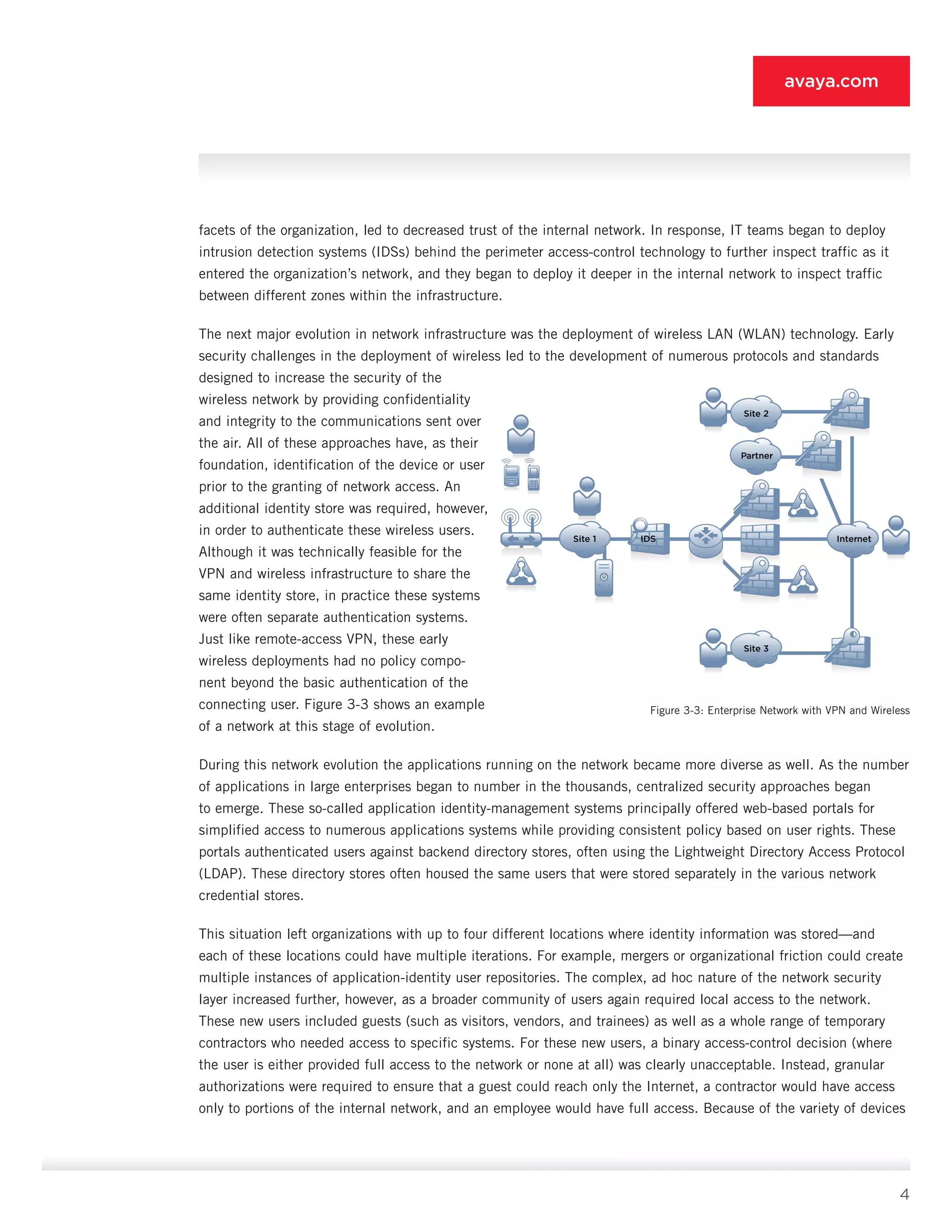4
avaya.com
facets of the organization, led to decreased trust of the internal network. In response, IT teams began to deploy
intrusion detection systems (IDSs) behind the perimeter access-control technology to further inspect traffic as it
entered the organization’s network, and they began to deploy it deeper in the internal network to inspect traffic
between different zones within the infra­structure.
The next major evolution in network infrastructure was the deployment of wireless LAN (WLAN) technol­ogy. Early
security challenges in the deployment of wireless led to the development of numerous protocols and standards
designed to increase the security of the
wireless network by providing confidentiality
and integrity to the communications sent over
the air. All of these approaches have, as their
foundation, identifica­tion of the device or user
prior to the granting of net­work access. An
additional identity store was required, however,
in order to authenticate these wireless us­ers.
Although it was technically feasible for the
VPN and wireless infrastructure to share the
same identity store, in practice these systems
were often separate authentication systems.
Just like remote-access VPN, these early
wireless deployments had no policy compo­
nent beyond the basic authentication of the
connecting user. Figure 3-3 shows an example
of a network at this stage of evolution.
During this network evolution the applications run­ning on the network became more diverse as well. As the number
of applications in large enterprises began to number in the thousands, centralized security ap­proaches began
to emerge. These so-called applica­tion identity-management systems principally offered web-based portals for
simplified access to numerous applications systems while providing consistent policy based on user rights. These
portals authenticated us­ers against backend directory stores, often using the Lightweight Directory Access Protocol
(LDAP). These di­rectory stores often housed the same users that were stored separately in the various network
credential stores.
This situation left organizations with up to four differ­ent locations where identity information was stored—and
each of these locations could have multiple itera­tions. For example, mergers or organizational friction could create
multiple instances of application-identity user repositories. The complex, ad hoc nature of the network security
layer increased further, however, as a broader community of users again required local ac­cess to the network.
These new users included guests (such as visitors, vendors, and trainees) as well as a whole range of temporary
contractors who needed ac­cess to specific systems. For these new users, a binary access-control decision (where
the user is either provid­ed full access to the network or none at all) was clearly unacceptable. Instead, granular
authorizations were required to ensure that a guest could reach only the Internet, a contractor would have access
only to por­tions of the internal network, and an employee would have full access. Because of the variety of devices
Site 2
Site 3
Partner
InternetSite 1 IDS
Figure 3-3: Enterprise Network with VPN and Wireless
 