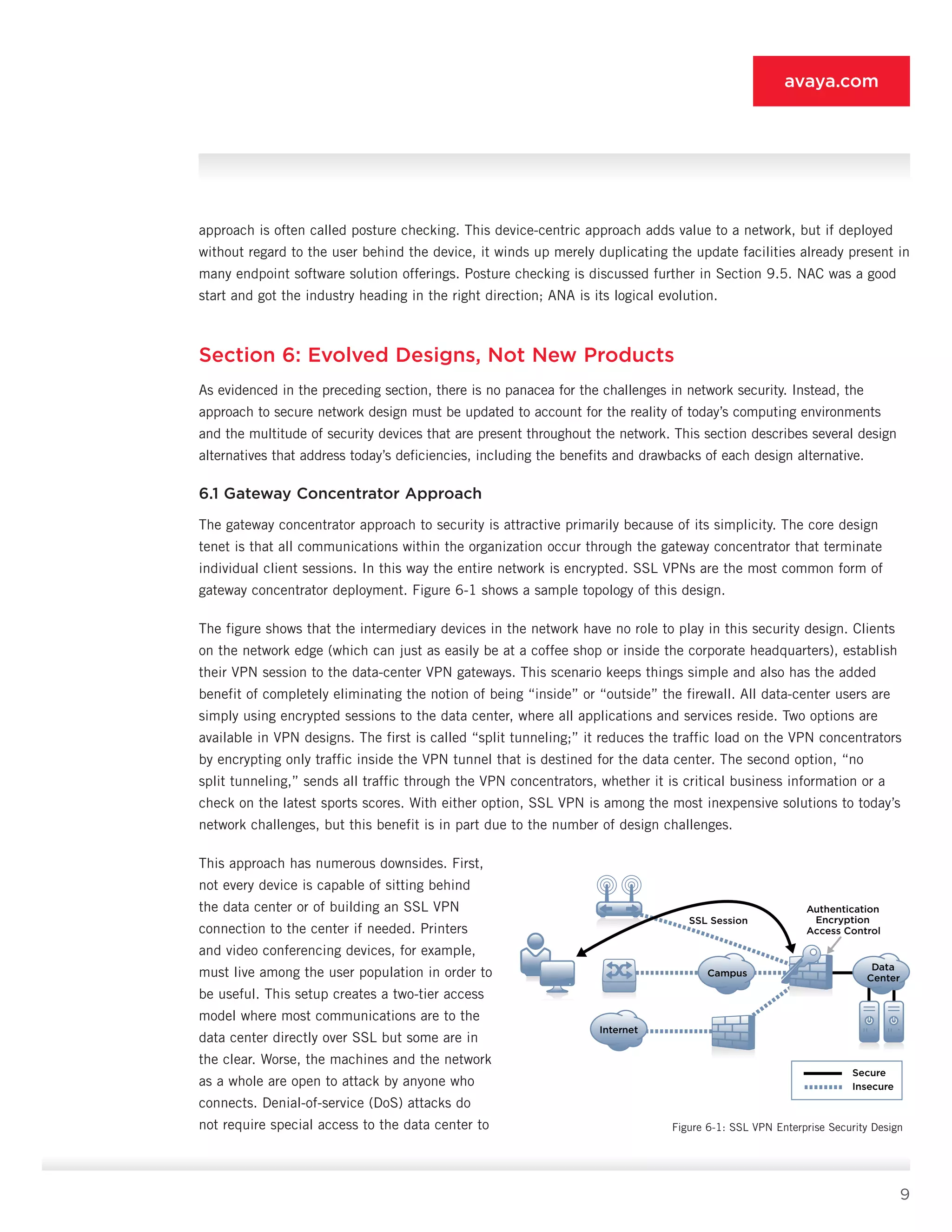 9
avaya.com
approach is often called posture checking. This device-centric approach adds value to a network, but if deployed
without regard to the user behind the device, it winds up merely duplicating the update facilities already present in
many endpoint software solution offerings. Posture checking is discussed further in Section 9.5. NAC was a good
start and got the industry heading in the right direction; ANA is its logical evolution.
Section 6: Evolved Designs, Not New Products
As evidenced in the preceding section, there is no panacea for the challenges in network security. Instead, the
approach to secure network design must be updated to account for the reality of today’s comput­ing environments
and the multitude of security devices that are present throughout the network. This sec­tion describes several design
alternatives that address today’s deficiencies, including the benefits and draw­backs of each design alternative.
6.1 Gateway Concentrator Approach
The gateway concentrator approach to security is at­tractive primarily because of its simplicity. The core de­sign
tenet is that all communications within the organi­zation occur through the gateway concentrator that ter­minate
individual client sessions. In this way the entire network is encrypted. SSL VPNs are the most common form of
gateway concentrator deployment. Figure 6-1 shows a sample topology of this design.
The figure shows that the intermediary devices in the network have no role to play in this security design. Clients
on the network edge (which can just as easily be at a coffee shop or inside the corporate head­quarters), establish
their VPN session to the data-center VPN gateways. This scenario keeps things simple and also has the added
benefit of completely eliminating the notion of being “inside” or “outside” the firewall. All data-center users are
simply using encrypted sessions to the data center, where all applications and services reside. Two options are
available in VPN designs. The first is called “split tunneling;” it reduces the traffic load on the VPN concentrators
by encrypting only traffic inside the VPN tunnel that is destined for the data center. The second option, “no
split tunneling,” sends all traffic through the VPN concentrators, whether it is critical business information or a
check on the latest sports scores. With either option, SSL VPN is among the most inexpensive solutions to today’s
network challenges, but this benefit is in part due to the number of design challenges.
This approach has numerous downsides. First,
not ev­ery device is capable of sitting behind
the data center or of building an SSL VPN
connection to the center if need­ed. Printers
and video conferencing devices, for example,
must live among the user population in order to
be use­ful. This setup creates a two-tier access
model where most communications are to the
data center directly over SSL but some are in
the clear. Worse, the machines and the network
as a whole are open to attack by anyone who
connects. Denial-of-service (DoS) attacks do
not require special access to the data center to
Authentication
Encryption
Access Control
SSL Session
Data
CenterCampus
Internet
Secure
Insecure
Figure 6-1: SSL VPN Enterprise Security Design
 