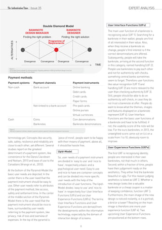 terminology yet. Concepts like security,
safe, safety, resilience and reliability are
close to each other, yet different. Several
studies report on the greatest
determinant of a payment system, like
convenience for the Danes (Jacobsen
and Nielsen, 2011) and ease of use to the
Canadians (Arango et al., 2012).
At the bottom of the Pyramid-Model the
basic user needs are depicted. In the
center there is the user need that the
payment instrument should be easy to
use. Other user needs refer to attributes
of the payment method, like access,
safety and settlement time. In the center
of the middle section of the Pyramid-
Model there is the user need that the
payment instrument should be nice to
have, surrounded by user needs
referring to the payment system, like
privacy, risk of loss and overview of
expenses. In the top of the pyramid is
‘piece of mind’, people want to be happy
with their means of payment; above all,
it should be hassle free.
Upid-Model
So, user needs of a payment instrument
are divided in ‘easy to use’ and ‘nice to
have’, respectively a basic and a
psychological user need. Easy to use
and nice to have are container concepts
and can be divided into more specific
user needs with the help of the
introduction of user functions. The Upid-
Model divides ‘easy to use’ and ‘nice to
have’ in respectively four User Interface
Functions (UIFs) and six User
Experience Functions (UXFs). The terms
User Interface Functions and User
Experience Functions are derived from
the developments within the information
technology, especially by the domain of
interaction design of screens.
User Interface Functions (UIFs)
The main user function of a banknote is
recognising value (UIF 1). Searching for a
banknote in their wallet, people are first
of all interested in their value. Also,
when they receive a banknote as
change, people’s first interest is if the
correct denominations are offered.
Subsequently, people will take the
banknote, arriving at the second function
in this category, named handling (UIF 2).
People use banknotes to pay each other
and not for authenticity self-checks,
something central banks sometimes
seem to forget. Therefore user functions
like value recognition (UIF 1) and
handling (UIF 2) are more relevant to the
user than checking authenticity (UIF 3).
Still, people should be able to do an
authenticity self-check, in case they do
not trust a banknote at offer. People do
want to know what the themes, images
and features displayed on a banknote
represent (UIF 4). User Interface
Functions are the basic user functions of
a banknote and have to be fulfilled; if
not, the usability score of the note will be
low. For the euro banknotes, in 2013, the
unweighted score came out on 6.4 on a
scale from 1 to 10, obviously room to
improve.
User Experience Functions (UXFs)
The first UXF is recognising identity;
people are interested in their own
banknotes, not that much in others.
Second, within a fraction of time, people
have their judgement ready on the
aesthetics. They either find the banknote
beautiful or ugly. For this reason judging
aesthetics is listed as UXF 2. Whether a
new design looks like a valuable
banknote or a cheap coupon is a matter
of keeping confidence, function UXF 3.
Furthermore, the main image of the new
design is noticed instantly, is it a portrait,
a bird or a tower? Reacting on the main
image is therefore one more user
experience function (UXF 4). Two
upcoming User Experience Functions
are positioned at the bottom rows.
Issue 35
Double Diamond Model
Finding the right problem Finding the right solution
Divergence Convergence Divergence Convergence
TIME
ALTERNATIVES
Programme of
Requirements
BANKNOTE BANKNOTE
DESIGN MANAGER DESIGNER
Figure 1.
The Double Diamond Model for banknote design. Originally published in 2005 by the British Design Council as
The Double Diamond Design Process Model.
Payment systems Payment channels Payment instruments
Non-cash Bank account Online banking
Debit cards
Credit cards
Paper forms
Not-linked to a bank account Pre-paid cards
Online purses
Virtual currencies
Cash Coins Coin denominations
Banknotes Banknote denominations
Payment methods
Figure 2.
Overview of payment methods, divided in payment systems, payment channels and payment instruments.
EXPERT ANALYSIS
8
 