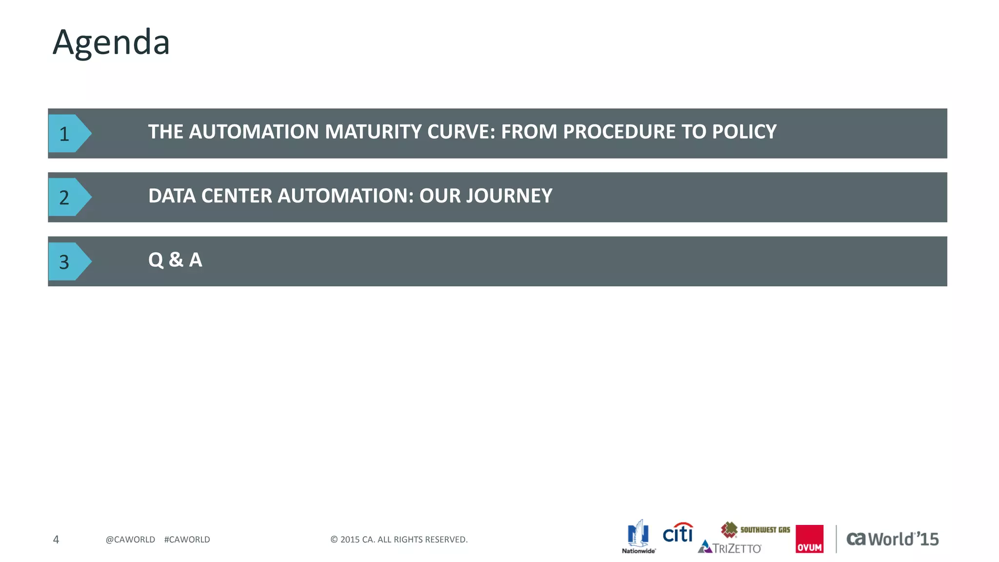 4 © 2015 CA. ALL RIGHTS RESERVED.@CAWORLD #CAWORLD
Agenda
THE AUTOMATION MATURITY CURVE: FROM PROCEDURE TO POLICY
DATA CENTER AUTOMATION: OUR JOURNEY
Q & A
1
2
3
 