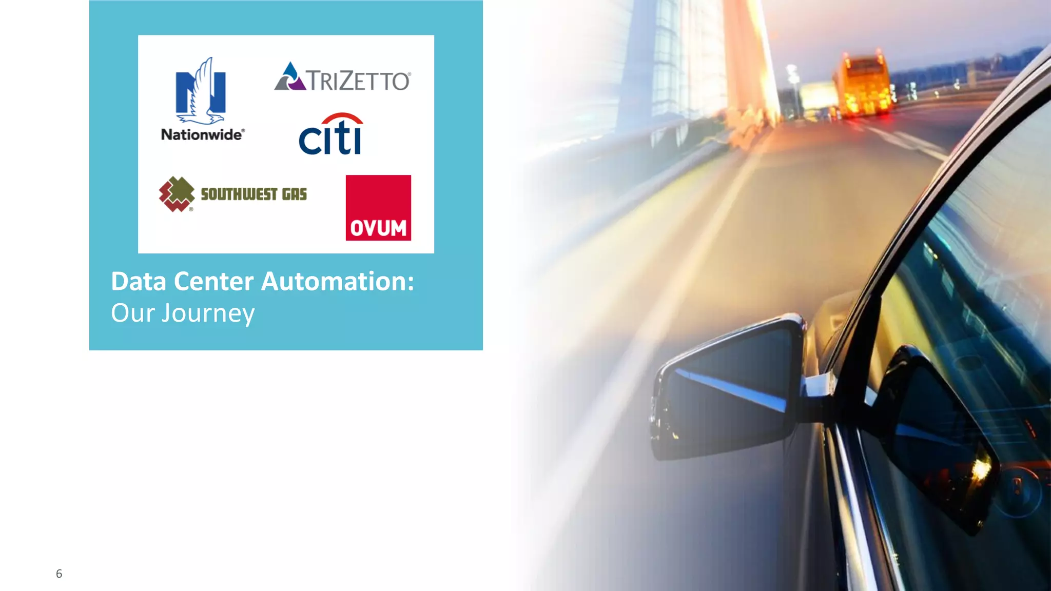 6 © 2015 CA. ALL RIGHTS RESERVED.@CAWORLD #CAWORLD
Data Center Automation:
Our Journey
6
 