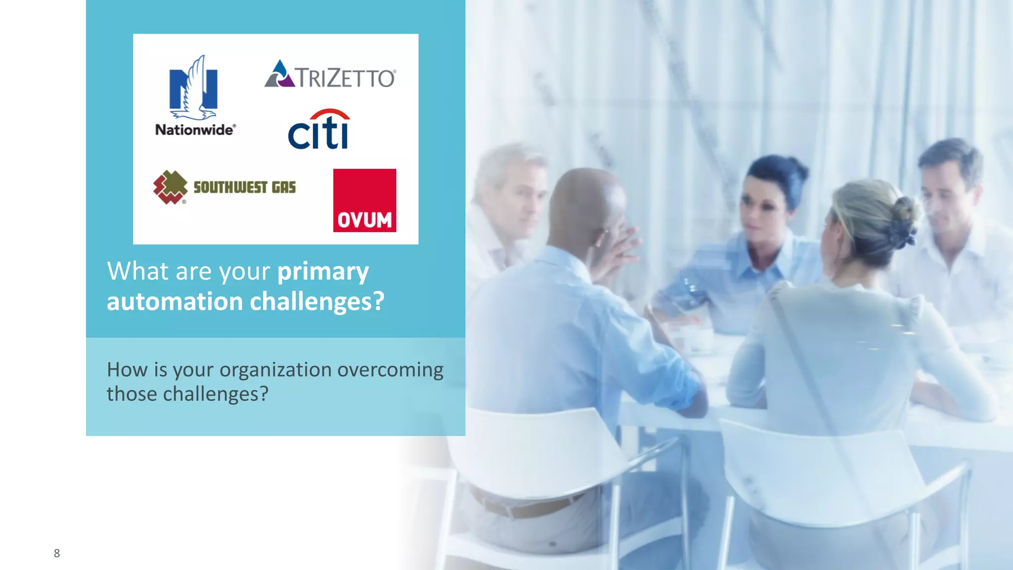 8 © 2015 CA. ALL RIGHTS RESERVED.@CAWORLD #CAWORLD
What are your primary
automation challenges?
How is your organization overcoming
those challenges?
8
 