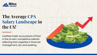 The Average CPA
Salary Landscape in
the US!
Certified Public Accountants (CPAs)
in the US earn competitive salaries
reflecting their expertise in financial
management, tax, and auditing.
 