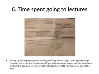 6. Time spent going to lectures




•   Waking up with raging hangovers or only just having 3 hours sleep, seems a good enough
    reason to stay in bed and promise yourself you will go into your next lecture. But as students
    are having to pay more for their fee’s this attitude is not held by all students. 3 attended a
    week.
 