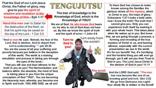 The tree of knowledge is the
Knowledge of God, which is the
Knowledge of YOU!!!
We are of God. He who knows God hears
us; he who is not of God does not hear
us. By this we know the spirit of truth
and the spirit of error.- 1 John 4:6
To them God has chosen to make
known among the Gentiles the
glorious riches of this mystery, which
is Christ in you, the hope of glory.-
Colossians 1:27 I make a bold claim,
now I know the truth! The truth that I
cannot give you. Only you can
experience truth itself by seeking it
with your whole heart. This takes place
when He wakes up in you. But know
this, we are going through a process, a
forming and revealing of the true
mystery of Christ in us, and bearing
witness, especially with the current
presentation we see in the world.
It's for our benefit! Yes, it's horrifying
and the hardest thing you will ever go
through, yet it will set you free! Trust in
God in you. The Lord Jesus Christ is
the wisdom of God in you! 11:11
That the God of our Lord Jesus
Christ, the Father of glory, may
give to you the spirit of
wisdom and revelation in the
knowledge of Him.- Eph 1:17
Hand this man over to Satan for
the destruction of the flesh, so
that his spirit may be saved on
the day of the Lord.- 1 Cor 5:5
"And to man He said, ‘Behold, the fear of the
Lord, that is wisdom, And to depart from
evil is understanding.’ ”- job 28:28
You are the cause of all your suffering and
poverty because you believe in the deception
of this world. The world is a training
simulation and process in taking you through
the eyes of the lamb;-
That you will see and bear witness to the
truth in you as you! The Harmonization and
balance within the absolute, the mind of God,
is taking place in you from the unique
conception of God "YOU". You are becoming
the Heavenly man, whereby you become one
in Spirit and truth. YOU ARE GOD, we all are!
And the LORD God said, “The man
has now become like one of us,
knowing good and evil.- Gen 3:22
We go from Darkness into Light!
Your whole life is written in the Scroll!
The scroll
Turn away from
the world!!!
Turn to
God in
you!
 