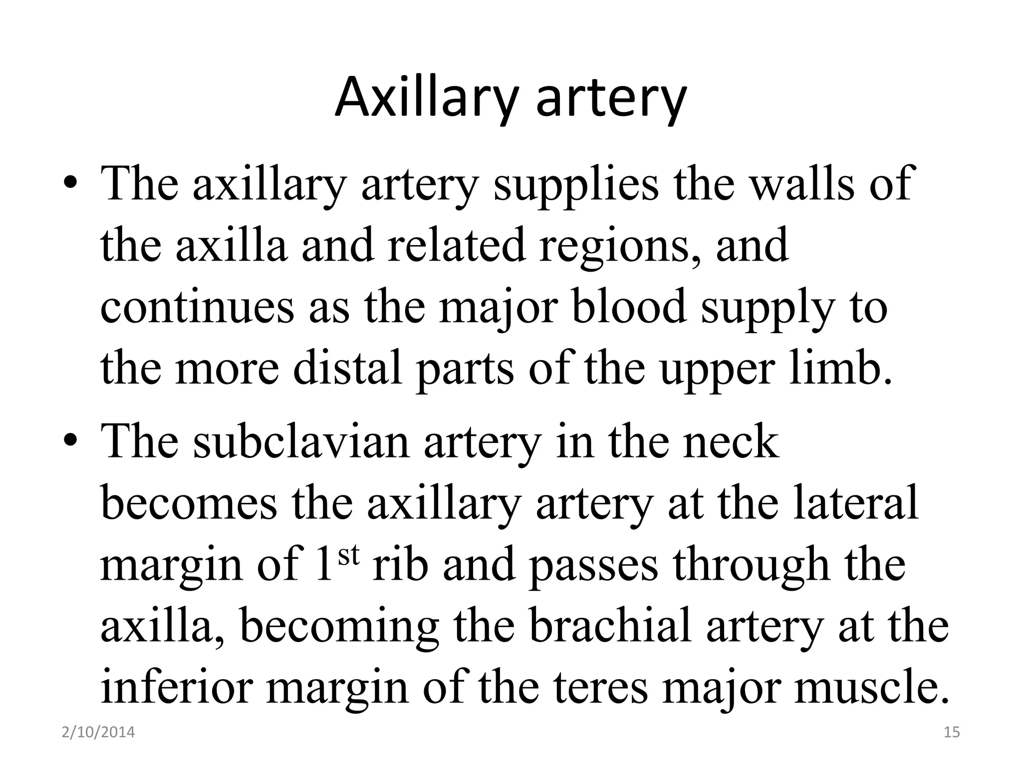 Axillary artery
• The axillary artery supplies the walls of
the axilla and related regions, and
continues as the major blood supply to
the more distal parts of the upper limb.
• The subclavian artery in the neck
becomes the axillary artery at the lateral
margin of 1st rib and passes through the
axilla, becoming the brachial artery at the
inferior margin of the teres major muscle.
2/10/2014

15

 