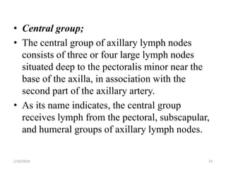 • Central group;
• The central group of axillary lymph nodes
consists of three or four large lymph nodes
situated deep to the pectoralis minor near the
base of the axilla, in association with the
second part of the axillary artery.
• As its name indicates, the central group
receives lymph from the pectoral, subscapular,
and humeral groups of axillary lymph nodes.
2/10/2014

33

 