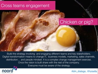 #dm_dialoge, @luisella!
Cross teams engagement
Chicken or pig?
Build the strategy involving and engaging different teams and key stakeholders. 
Digital transformation means to change IT, business models, marketing, sales channels,
distribution… and people mindset. It is a complex change management exercise.
Once the vision is built share with the rest of the company.
Everyone must be aware of the strategy.
 