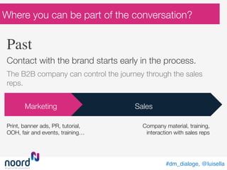 Marketing
 Sales
#dm_dialoge, @luisella!
Company material, training,
interaction with sales reps
Contact with the brand starts early in the process.

The B2B company can control the journey through the sales
reps.
Print, banner ads, PR, tutorial,
OOH, fair and events, training…
Where you can be part of the conversation?
Past	
 