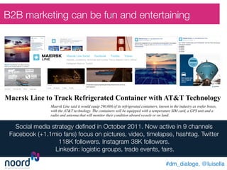 Maersk Line to Track Refrigerated Container with AT&T Technology
Maersk Line said it would equip 290,000 of its refrigerated containers, known in the industry as reefer boxes,
with the AT&T technology. The containers will be equipped with a temperature SIM card, a GPS unit and a
radio and antenna that will monitor their condition aboard vessels or on land.
#dm_dialoge, @luisella!
Social media strategy deﬁned in October 2011. Now active in 9 channels
Facebook (+1.1mio fans) focus on pictures, video, timelapse, hashtag. Twitter
118K followers. Instagram 38K followers.
Linkedin: logistic groups, trade events, fairs. 
B2B marketing can be fun and entertaining
 