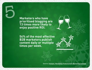 5 
Marketers who have 
prioritised blogging are 
13 times more likely to 
enjoy positive ROI. 
54% of the most effective 
B2B marketers publish 
content daily or multiple 
times per week. 
Source: Hubspot, Marketing Profs/Content Marketing Institute 
 