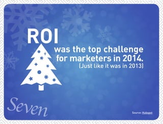 ROI 
Se ven 
was the top challenge 
for marketers in 2014. 
(Just like it was in 2013) 
Source: Hubspot 
 