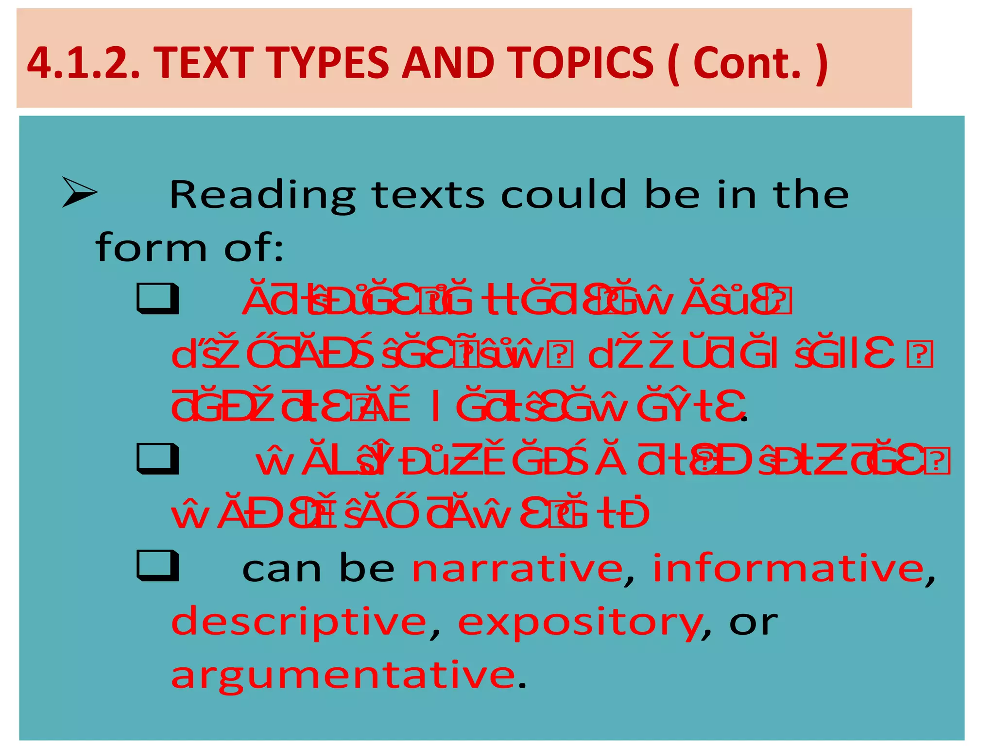  Reading texts could be in the
form of:
 Ă ŝĐůĞ ͕ůĞ Ğ ͕ĞŵĂŝů ͕ƌƚ Ɛ ƚƚ ƌƐ Ɛ
ďŝŽŐ Ă ŚŝĞ ͕Ĩŝůŵ͕ ďŽŽŬ Ğ ŝĞ ͕ƌ Ɖ Ɛ ƌ ǀ ǁƐ
.Ğ Ž ͕ĂĚ Ğ ŝ ĞŵĞŶƌ Ɖ ƌƚƐ ǀ ƌƚ Ɛ ƚƐ
 ŵĂ ŝŶĐů ĚĞĐŚĂ ͕ ŝĐ Ğ ͕Ǉ Ƶ ƌƚƐƉ ƚƵƌ Ɛ
ŵĂ ͕ĚŝĂŐ Ăŵ ͕Ğ ĐƉƐ ƌ Ɛ ƚ ͘
 can be narrative, informative,
descriptive, expository, or
argumentative.
4.1.2. TEXT TYPES AND TOPICS ( Cont. )
 