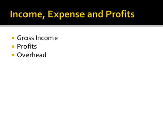  Gross Income
 Profits
 Overhead
 