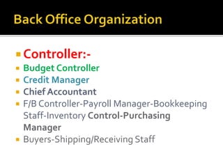  Controller:-
 Budget Controller
 Credit Manager
 Chief Accountant
 F/B Controller-Payroll Manager-Bookkeeping
Staff-Inventory Control-Purchasing
Manager
 Buyers-Shipping/Receiving Staff
 