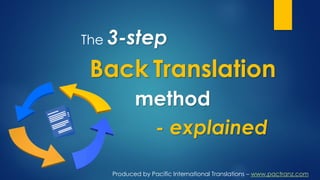 Produced by Pacific International Translations – www.pactranz.com
The 3-step
Back Translation
method
- explained
 