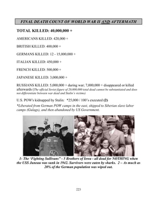 223
FINAL DEATH COUNT OF WORLD WAR II AND AFTERMATH
TOTAL KILLED: 40,000,000 +
AMERICANS KILLED: 420,000 +
BRITISH KILLED: 400,000 +
GERMANS KILLED: 12 - 15,000,000 +
ITALIAN KILLED: 450,000 +
FRENCH KILLED: 500,000 +
JAPANESE KILLED: 3,000,000 +
RUSSIANS KILLED: 5,000,000 + during war; 7,000,000 + disappeared or killed
afterwards (The official Soviet figure of 20,000,000 total dead cannot be substantiated and does
not differentiate between war dead and Stalin’s victims)
U.S. POW's kidnapped by Stalin: *25,000 / 100’s executed (2)
*Liberated from German POW camps in the east, shipped to Siberian slave labor
camps (Gulags), and then abandoned by US Government.
1- The ‘Fighting Sullivans” - 5 Brothers of Iowa - all dead for NOTHING when
the USS Juneau was sunk in 1942. Survivors were eaten by sharks. 2 – As much as
20% of the German population was wiped out.
 