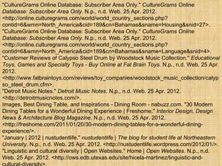 "CultureGrams Online Database: Subscriber Area Only." CultureGrams Online
Database: Subscriber Area Only. N.p., n.d. Web. 25 Apr. 2012.
<http://online.culturegrams.com/world/world_country_sections.php?
contid=6&wmn=North_America&cid=189&cn=Bahamas&sname=Housing&snid=27>.
"CultureGrams Online Database: Subscriber Area Only." CultureGrams Online
Database: Subscriber Area Only. N.p., n.d. Web. 25 Apr. 2012.
<http://online.culturegrams.com/world/world_country_sections.php?
contid=6&wmn=North_America&cid=189&cn=Bahamas&sname=Language&snid=4>.
"Customer Reviews of Calypso Steel Drum by Woodstock Music Collection." Educational
Toys, Games and Specialty Toys - Buy Online at Fat Brain Toys. N.p., n.d. Web. 25 Apr.
2012.
<http://www.fatbraintoys.com/reviews/toy_companies/woodstock_music_collection/calyp
so_steel_drum.cfm>.
"Detroit Music Notes." Detroit Music Notes. N.p., n.d. Web. 25 Apr. 2012.
<http://detroitmusicnotes.com/>.
Images, Best Dining Table, and Inspirations - Dining Room - nabuzz.com. "30 Modern
Dining Tables for a Wonderful Dining Experience | Freshome." Interior Design, Design
News & Architecture Blog Magazine. N.p., n.d. Web. 25 Apr. 2012.
<http://freshome.com/2011/01/20/30-modern-dining-tables-for-a-wonderful-dining-
experience/>.
"January | 2012 | nustudentlife." nustudentlife | The blog for student life at Northeastern
University. N.p., n.d. Web. 25 Apr. 2012. <http://nustudentlife.wordpress.com/2012/01/>.
"Linguistic and cultural diversity | Open Websites." Home | Open Websites. N.p., n.d.
Web. 25 Apr. 2012. <http://ows.edb.utexas.edu/site/hicela-martinez/linguistic-and-
 