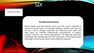 SCHILING CHAPTER
SIX
Schilling chapter SIx page 124
Theory In Action
The Balanced ScoreCard
Robert Kaplan and David Norton point out that a firm’s methods of
measuring performance will strongly influence whether and how the
firm pur- sues its strategic objectives. the “balanced score- card,” that
they argue can motivate breakthrough improvements in product,
process, customer, and market development. The Balanced ScoreCard
emphasizes four perspectives the firm should take in formulating goals
that target critical success factors and in defining measures:
MUHAMMAD ROZAQ – SISTEM INFORMASI
 