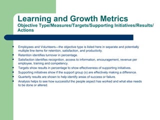 Learning and Growth Metrics Objective Type/Measures/Targets/Supporting Initiatives/Results/Actions Employees and Volunteers—the objective type is listed here in separate and potentially multiple line items for retention, satisfaction, and productivity.  Retention identifies turnover in percentage. Satisfaction identifies recognition, access to information, encouragement, revenue per employee, training and competency. Targets show results in percentage to show effectiveness of supporting initiatives. Supporting initiatives show if the support group (s) are effectively making a difference. Quarterly results are shown to help identify areas of success or failure. Analysis helps to see how successful the people aspect has worked and what else needs to be done or altered. 