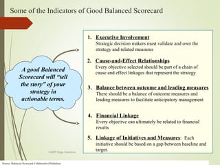 Some of the Indicators of Good Balanced Scorecard
4. Financial Linkage
Every objective can ultimately be related to financial
results
1. Executive Involvement
Strategic decision makers must validate and own the
strategy and related measures
2. Cause-and-Effect Relationships
Every objective selected should be part of a chain of
cause and effect linkages that represent the strategy
3. Balance between outcome and leading measures
There should be a balance of outcome measures and
leading measures to facilitate anticipatory management
5. Linkage of Initiatives and Measures: Each
initiative should be based on a gap between baseline and
target.
A good Balanced
Scorecard will “tell
the story” of your
strategy in
actionable terms.
Source: Balanced Scorecard Collaborative/Palladium
KAPP Edge Solutions
 