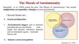 The Mosaic of Autoimmunity
• Several factors are :
28
I. Genetic predisposition
I. Environmental triggers such as bacterial
(including the gut microbiota), viral,
fungal and parasitic infections; physical
and environmental agents; hormonal
factors, and
II. Immune system dysregulation
Shoenfeld et al. (1989) coined the term “The Mosaic of Autoimmunity” that include
multiple factor are responsible or interplay to cause autoimmunity.
(Shoenfeld et al., 1989)
 