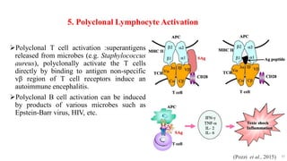 5. Polyclonal Lymphocyte Activation
Polyclonal T cell activation :superantigens
released from microbes (e.g. Staphylococcus
aureus), polyclonally activate the T cells
directly by binding to antigen non-specific
vβ region of T cell receptors induce an
autoimmune encephalitis.
Polyclonal B cell activation can be induced
by products of various microbes such as
Epstein-Barr virus, HIV, etc.
37
(Pozzi et al., 2015)
 
