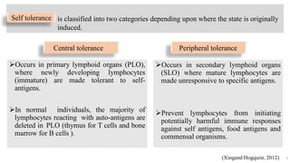 Occurs in primary lymphoid organs (PLO),
where newly developing lymphocytes
(immature) are made tolerant to self-
antigens.
In normal individuals, the majority of
lymphocytes reacting with auto-antigens are
deleted in PLO (thymus for T cells and bone
marrow for B cells ).
Occurs in secondary lymphoid organs
(SLO) where mature lymphocytes are
made unresponsive to specific antigens.
Prevent lymphocytes from initiating
potentially harmful immune responses
against self antigens, food antigens and
commensal organisms.
8
is classified into two categories depending upon where the state is originally
induced.
Central tolerance Peripheral tolerance
(Xingand Hogquist, 2012)
Self tolerance
 